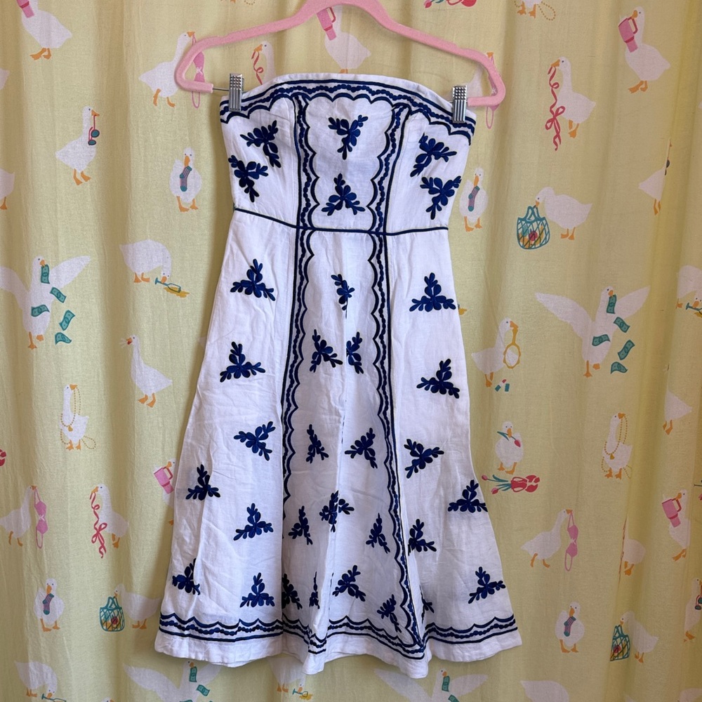 Anthropologie Strapless White and Blue Dress